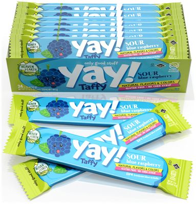 Heaven &amp; Earth Sour Blue Raspberry Yay Taffy (24 Pack) | Dye Free | Natural Colors &amp; Flavors | No High Fructose Corn Syrup | Gluten Free | Kosher | Wonderfully Delicious!