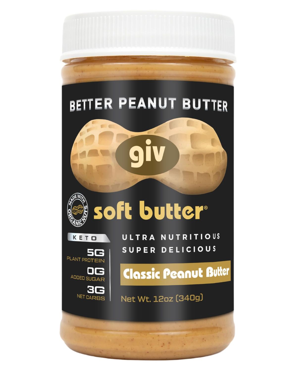 giv soft butter Keto Peanut Butter with Nuts Peanuts, Pecans, MCT Oil and Monk Fruit Sweetener - Gluten Free - Vegan - Protein Snacks - Healthy Snacks - Keto Snack - Protein Snack 12oz jar