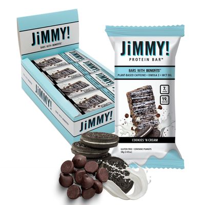JiMMY&#39;S! Functional Protein Bar - Cookies and Cream -12 Count - 18g Protein with Caffeine, Omega 3 and MCT Oils - Low Sugar, Gluten Free, Energy-Boosting