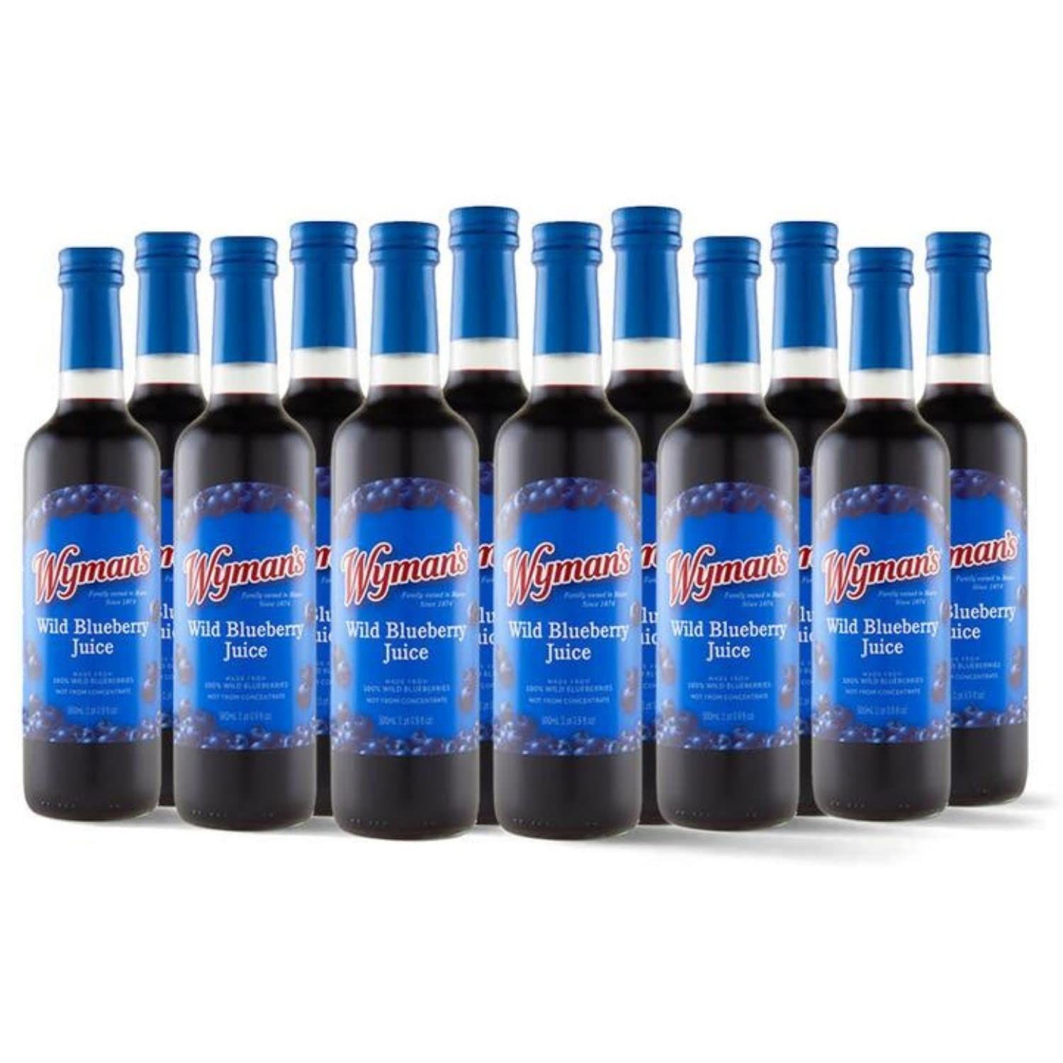 Wyman&#39;s Wild Blueberry Juice, 100% Juice, No Sugar Added, Not From Concentrate, Glass Bottled, 500mL (12 Pack)