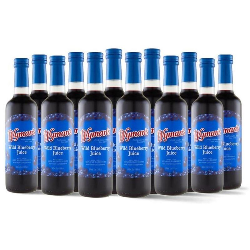 Wyman&#39;s Wild Blueberry Juice, 100% Juice, No Sugar Added, Not From Concentrate, Glass Bottled, 500mL (12 Pack)