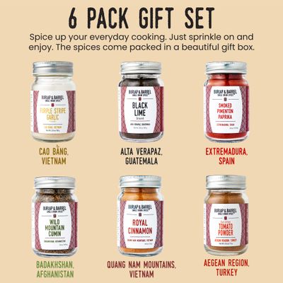 Burlap & Barrel 6-Pack Spice Gift Set - As Seen On Shark Tank! - 6 Spices Selected for the Curious Cook - Seasonings for Cooking - Gift for Mom - Includes Cinnamon, Garlic & More - 6 Full Size Jars