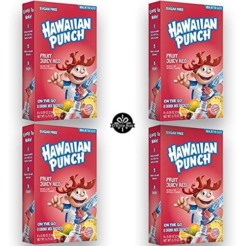 Hawaiian Punch Juicy Red Sugar-Free Powdered Drink Mix 4 Count of 8 packets each for Total of 32 Sticks bundle packaged by D&#39;Elite Box