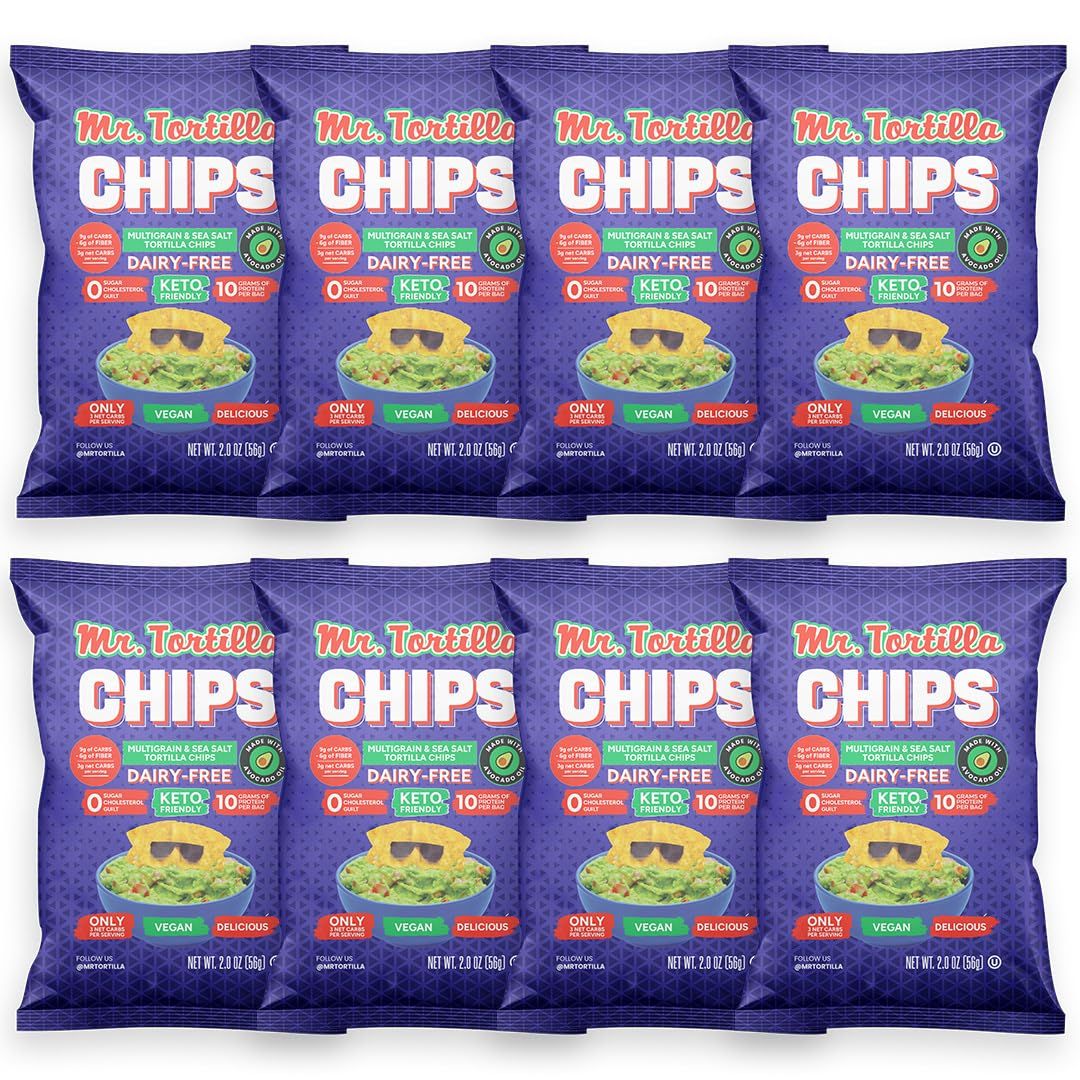 Mr. Tortilla Keto Chips - Dairy Free, Keto Friendly Tortilla Chips Protein Snacks, 3 Net Carbs Per Serving, 10g Protein per Bag, Low Carb, Protein Chips - (Multigrain 2 oz Bags, Pack of 8)