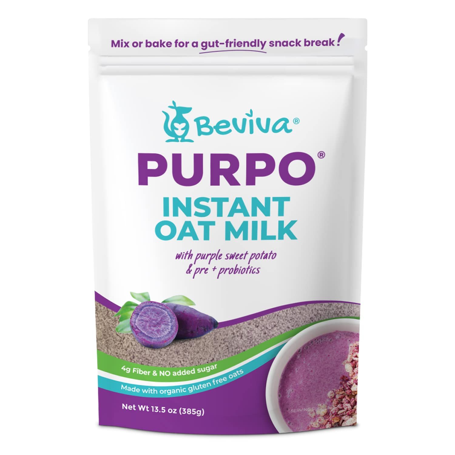 Beviva PURPO Instant Oat Milk - Vegan oat milk with purple sweet potato, Dairy-Free, Gluten-Free, Organic Oats