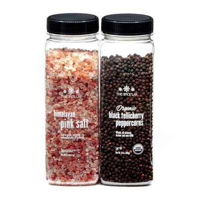 The Spice Lab Pink Himalayan Salt Coarse 2.2 Pound Tub &amp; USDA Organic Tellicherry Peppercorns 18oz Tub - Combo Salt and Pepper Gift Pack - Peppercorns for Grinder