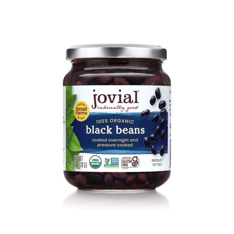 Jovial 100% Organic Black Beans - Black Beans Organic Fresh, No Saturated Fat, Gluten Free, Recyclable Glass, Great Source of Fiber, No Additives or Preservatives, Product of Italy - 13 Oz