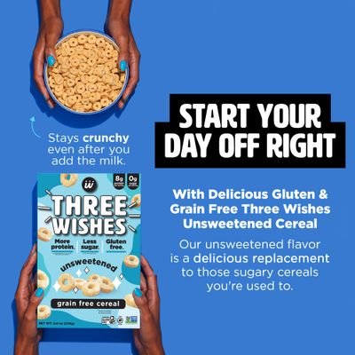 Plant-Based and Vegan Breakfast Cereal by Three Wishes - Unsweetened, 1 Pack - More Protein and Less Sugar Snack - Gluten-Free, Grain-Free - Non-GMO