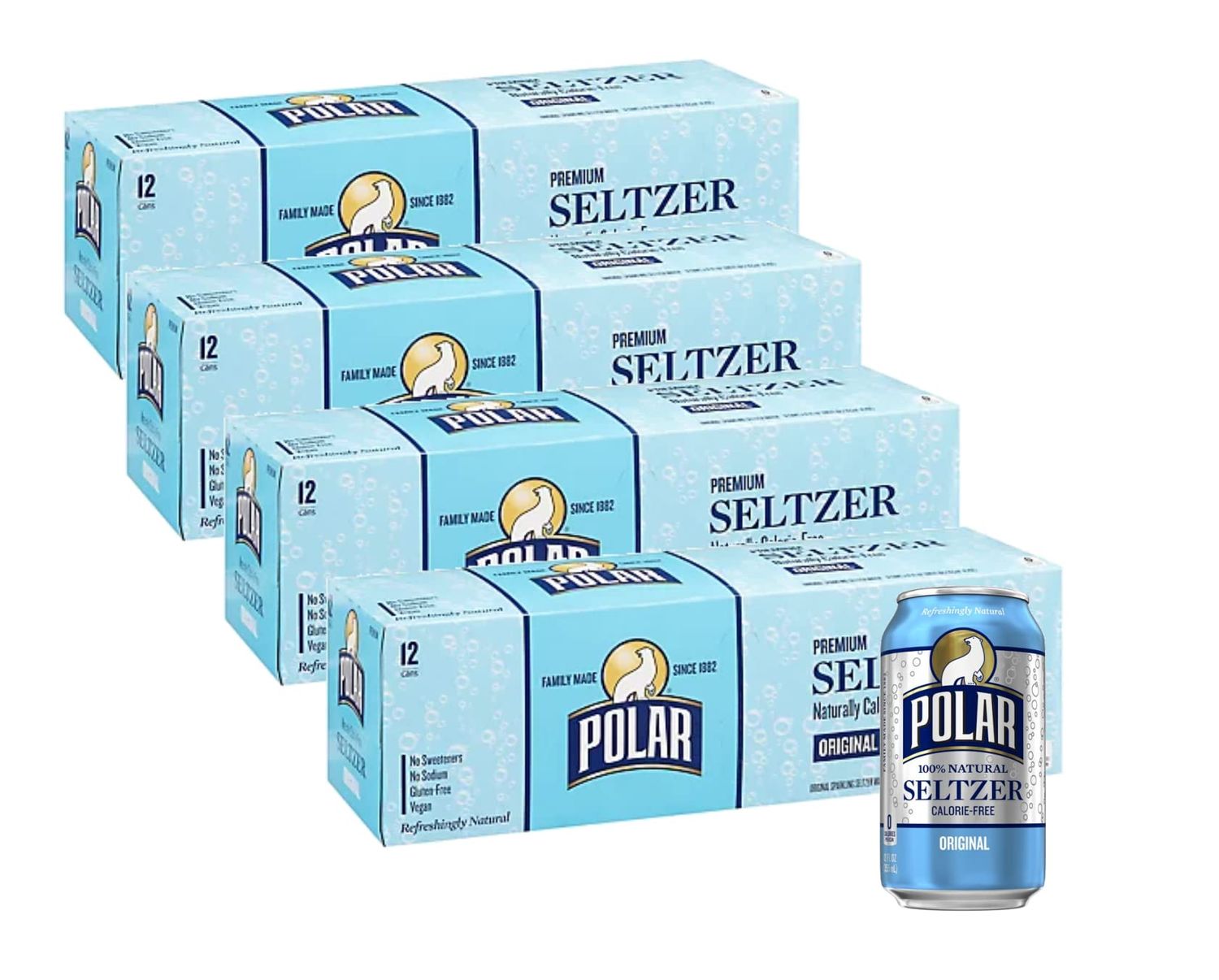 Polar Seltzer Water Original 100% Natural Sparkling Soda Beverage Soft Drink Cans - 4 Cases (48 Pack)