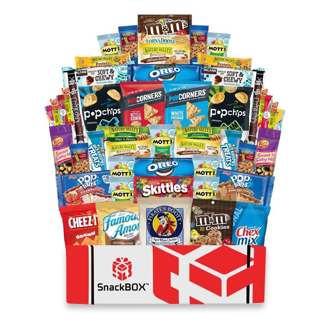 SnackBOX Care Package College Students | Snacks BOX Variety Pack (50 Count) | Christmas Holiday, Teachers, Back to School, Date Night, Birthday, Office, Camping, Chips, Military, Basket, Gift Ideas