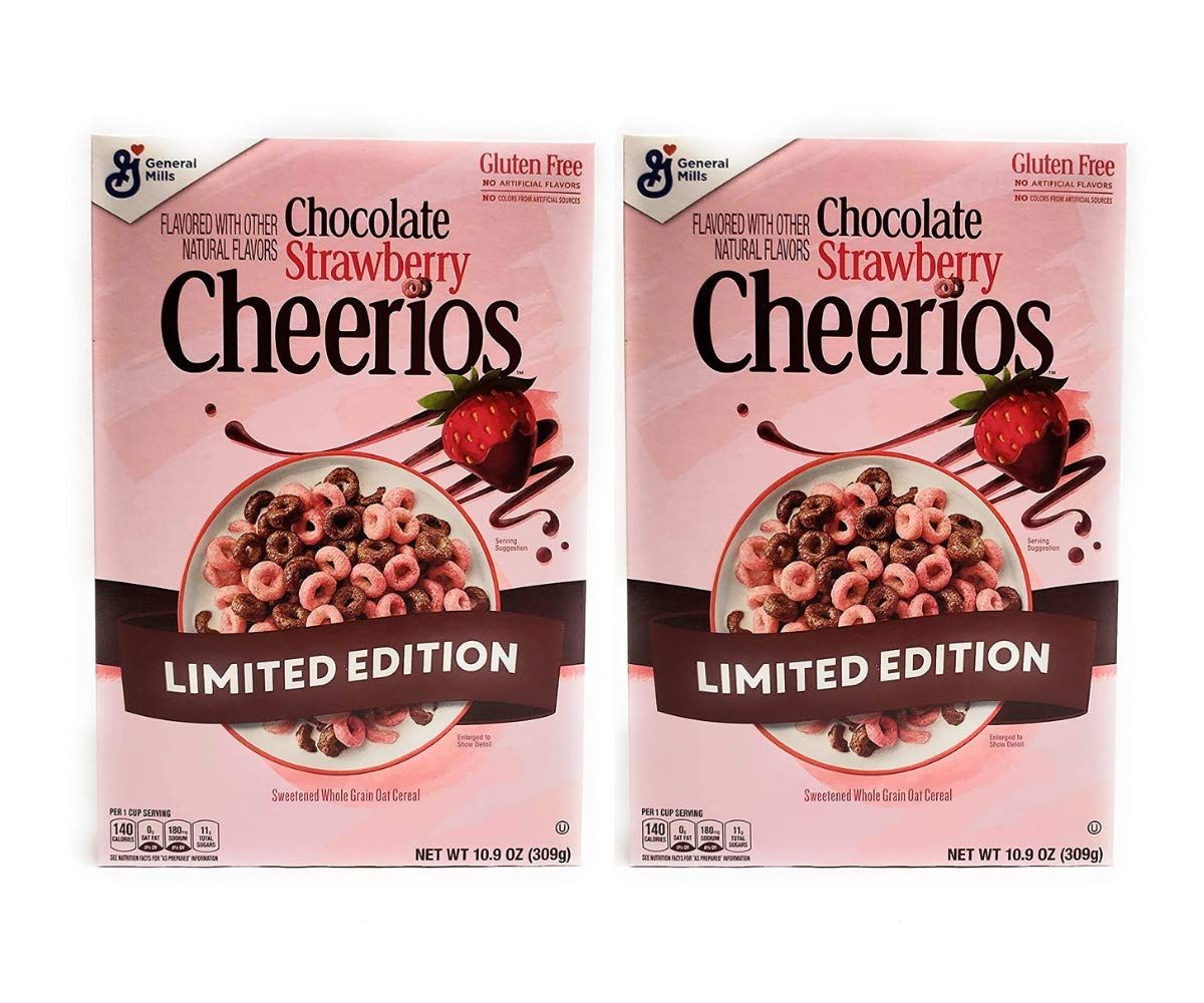 Breakfast Cereal, General Mills Cheerios Chocolate Strawberry Flavor Limited Edition, Sweetened Whole Grain Oat Cereal, Made with Real Cocoa and Gluten Free, Pantry Staple for 2 Packs of 10.9 Oz