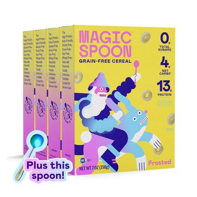 Magic Spoon Cereal, Frosted 4-Pack of Cereal and Spoon - Keto &amp; Low Carb Lifestyles, Gluten &amp; Grain Free, High Protein, 0g Sugar