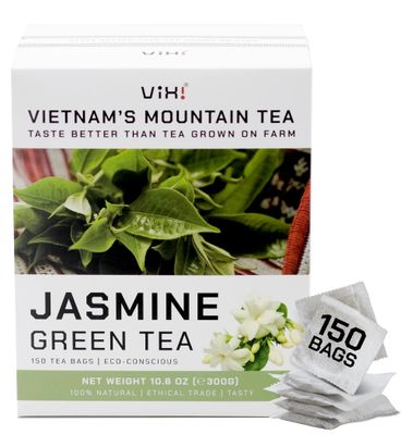 VIXI Jasmine Green Tea Bags, 150 Counts, Vietnam&#39;s Mountain Tea, Flavored, Aroma, Tagless, Sugar Free, 100% Natural from Ancient Tea Tree for Hot and Cold Brew