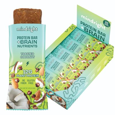 MINDRIGHT Superfood Vegan Protein Bars | Gluten Free Non-Gmo Low Sugar | Plant based protein bars| All Natural Brain Food Healthy Snack To Help Enhance Mood &amp; Energy (Toasted Coconut,12 Pack)