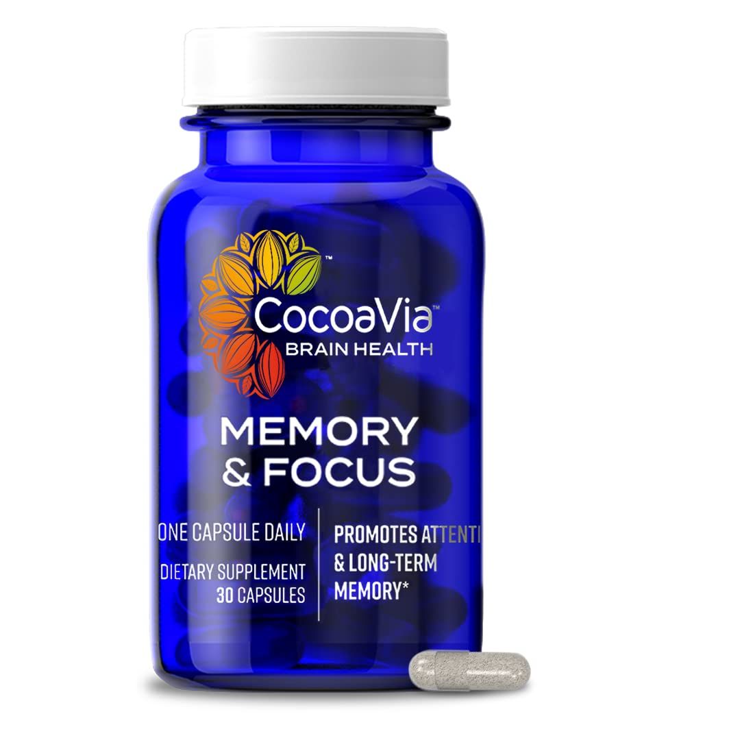 CocoaVia Memory &amp; Focus Brain Supplement, 30 Day, Cocoa Flavanol Blend, Lutein, Added Caffeine for Boost. Improve Cognitive Function, Attention, Vegan &amp; Plant Based, 30 Capsules