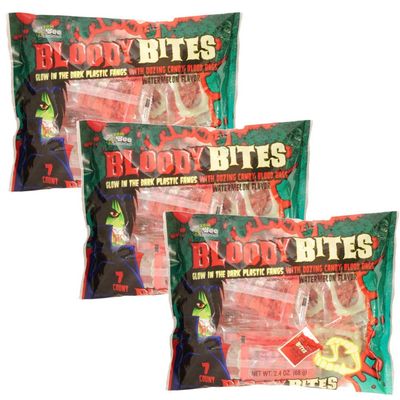 Bloody Bites Oozing Halloween Candy Blood Bags with Glow in the Dark Vampire Teeth - 3 Bags - 21 Packs