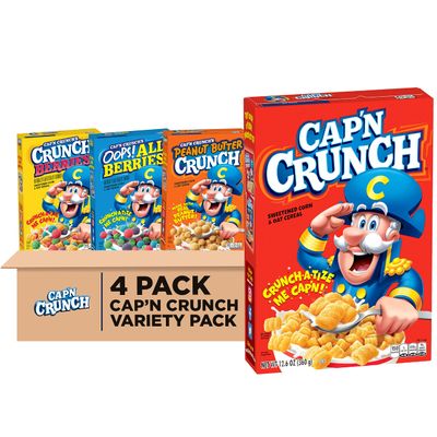 Quaker Cap&#39;n Crunch Breakfast Cereal, 4 Flavor Variety Pack, (4 Pack), Sweetened Corn &amp; Oat Cereal Original, Crunch Berries, Oops All Berries, Peanut Butter