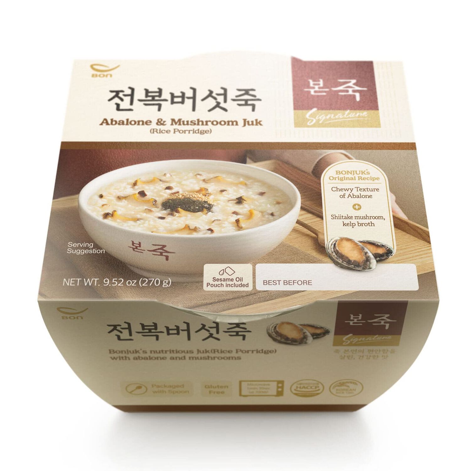 BONJUK Abalone &amp; Mushroom Juk(Porridge) Bowl - Korean soup stew Kfood, Hearty Breakfast Oat Meal - 9.5oz(270g), bowl type