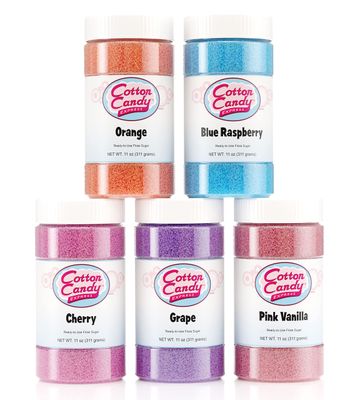 Cotton Candy Express Floss Sugar Variety Pack with 5 - 11oz Plastic Jars of Orange, Blue Raspberry, Pink Vanilla, Grape, &amp; Cherry Flossing Sugars. Use with Cotton Candy Express Countertop Machine