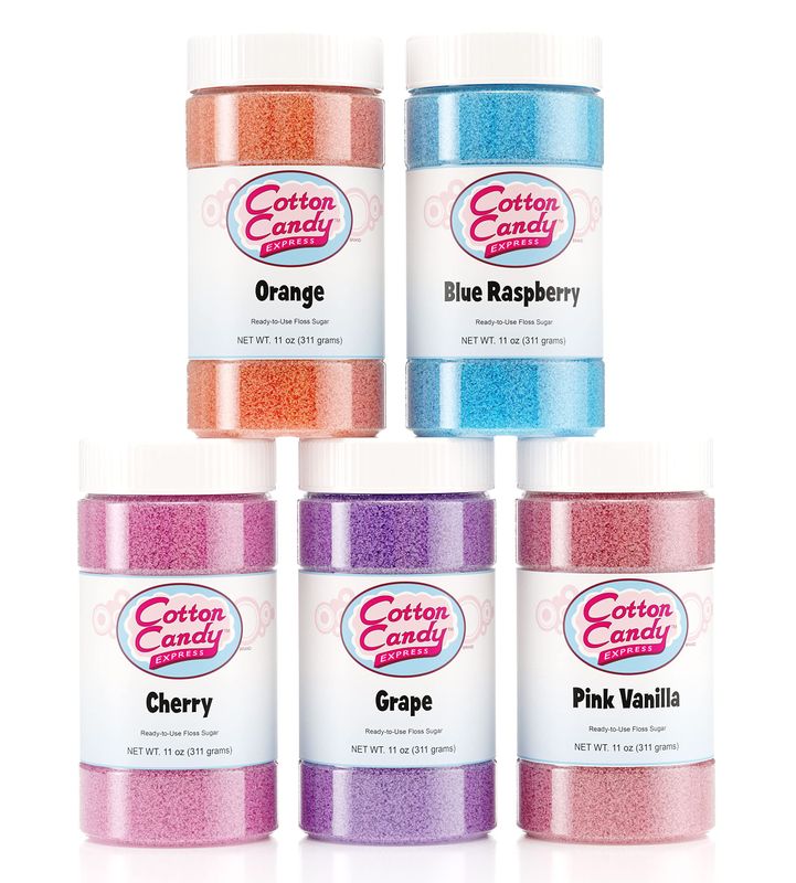 Cotton Candy Express Floss Sugar Variety Pack with 5 - 11oz Plastic Jars of Orange, Blue Raspberry, Pink Vanilla, Grape, &amp; Cherry Flossing Sugars. Use with Cotton Candy Express Countertop Machine
