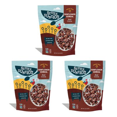 Seven Sundays Sunflower Cereal, Real Cocoa, 8 Oz Bag (Pack of 3), Grain &amp; Gluten Free, 5g Upcycled Protein, 1g Added Sugar, Crunchy Chocolate Snack