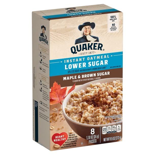 Quaker Instant Oatmeal, Lower Sugar Maple &amp; Brown Sugar, 8 Count Boxes (Pack of 4) 1.19 Ounce (Pack of 32)