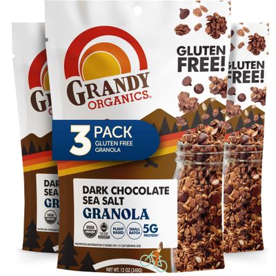 Grandy Organics Dark Chocolate Sea Salt Granola, Certified Organic Granola, Gluten Free, Non-GMO, Certified Kosher, Plant Based Protein Granola, 12oz Each, Pack of 3