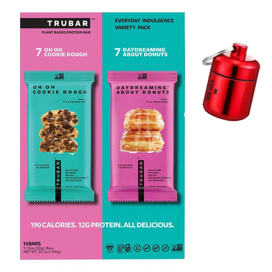 NUTRI HEALTH ONE Bundle: Keychain Pill Holder + TRUBAR Protein Bars Variety Pack - Glazed Donuts &amp; Cookie Dough - Soy, Dairy, Gluten-Free - Non-GMO - High Protein VEGAN Snack