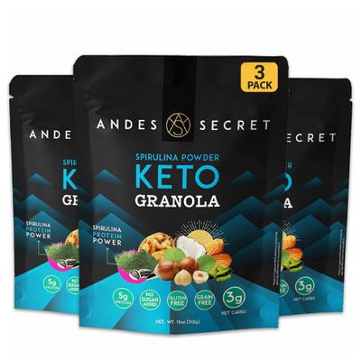 Andes Secret Spirulina Low Calorie Granola - 11oz High Protein Cereal, Keto Low Carb Granola for Yogurt - Almonds Walnuts Hazelnuts - 3g Net Carbs, No Sugar Added, Grain &amp; Gluten Free, (3-Pack)