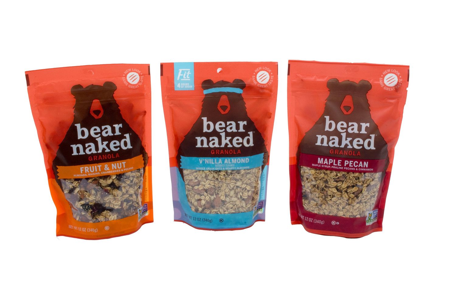 Bear Naked 100% Natural Granola 3 Flavor Variety Pack: (1) Bear Naked Maple-icious Pecan Granola, (1) Bear Naked V&#39;nilla Almond Fit Granola, and (1) Bear Naked Fruit And Nutty Granola, 12 Oz. Ea.