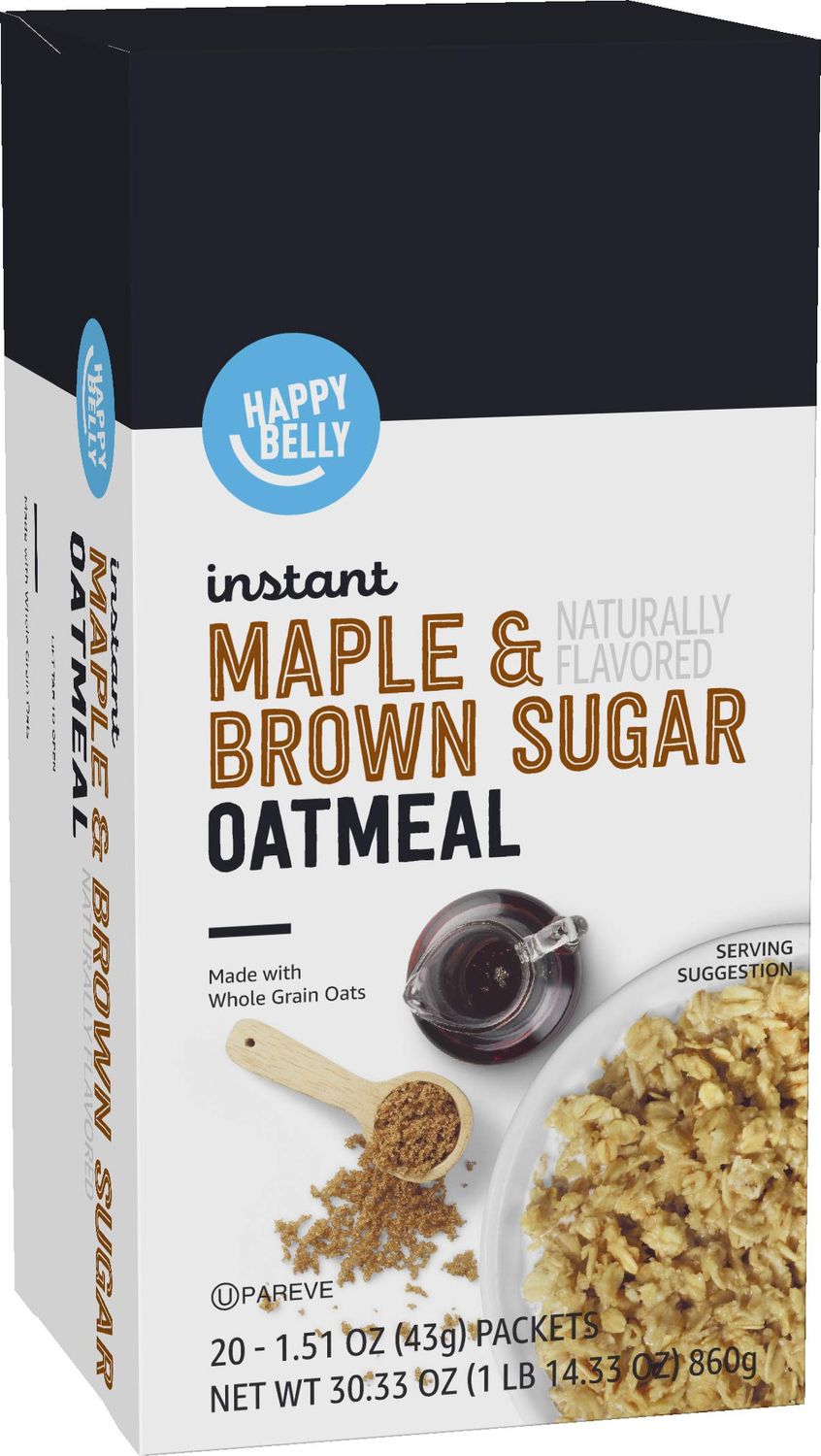 Amazon Brand - Happy Belly Instant Oatmeal, Apple &amp; Cinnamon, Maple &amp; Brown Sugar, 30.33 oz, 1.51 ounce (Pack of 20)