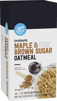 Amazon Brand - Happy Belly Instant Oatmeal, Apple &amp; Cinnamon, Maple &amp; Brown Sugar, 30.33 oz, 1.51 ounce (Pack of 20)