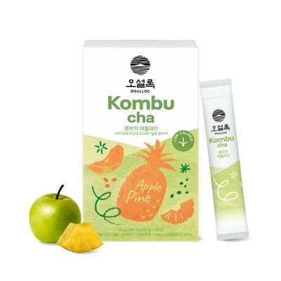 Osulloc Kombucha Tea ApplePine (Pineapple &amp; Apple), Electrolytes powder &amp; Hydration drinks packets, No added sugar, 10 Sticks, 1.76oz