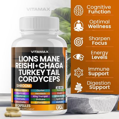 Vitamax Lions Mane Mushroom 3000mg Turkey Tail 2000mg Chaga & Reishi 1000mg Cordyceps Shiitake White Elm King Trumpet Nameko Oyster Focus & Energy - Made in USA 60ct