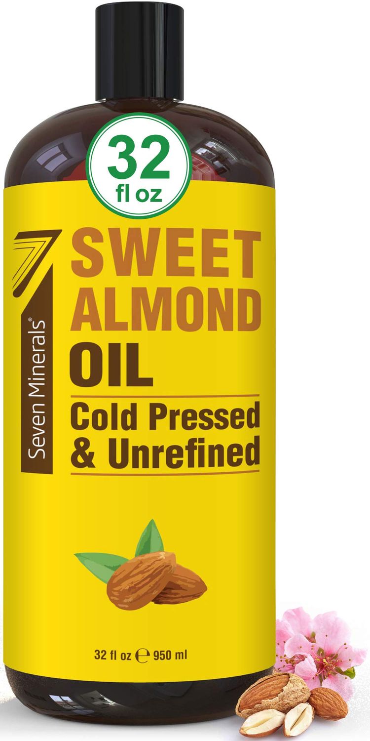 Seven Minerals, Pure Cold Pressed Sweet Almond Oil - Big 32 fl oz Bottle - Unrefined &amp;100% Natural - For Skin &amp; Hair, with No Added Ingredients - Perfect Carrier Oil for Essential Oils