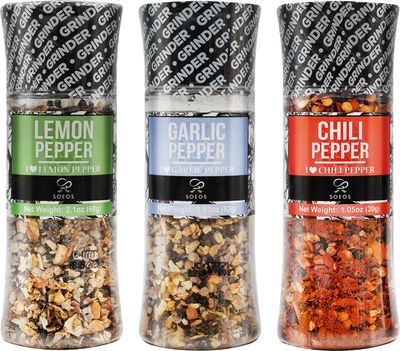 Soeos Spice Seasoning Set of 3, 4.98oz(142g), With Integrated Grinders, Salt and Pepper Grinder Set, Pure and Fresh Perfect for BBQ Seasoning Gift Set, Grilling Spice, Herb, Spice &amp; Seasoning Gifts