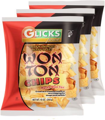 Glicks Wonton Chips 10oz (3 Pack) Crisp &amp; Delicious Wonton Noodles! Great for Stews, Soups, Salad Toppers &amp; Snacking