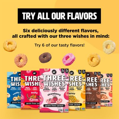 Protein and Gluten-Free Breakfast Cereal by Three Wishes - Variety Pack, 6 Pack - More Protein and Less Sugar Snack - Kosher, Vegan - Frosted, Fruity, Cocoa, Strawberry, Honey &amp; Cinnamon