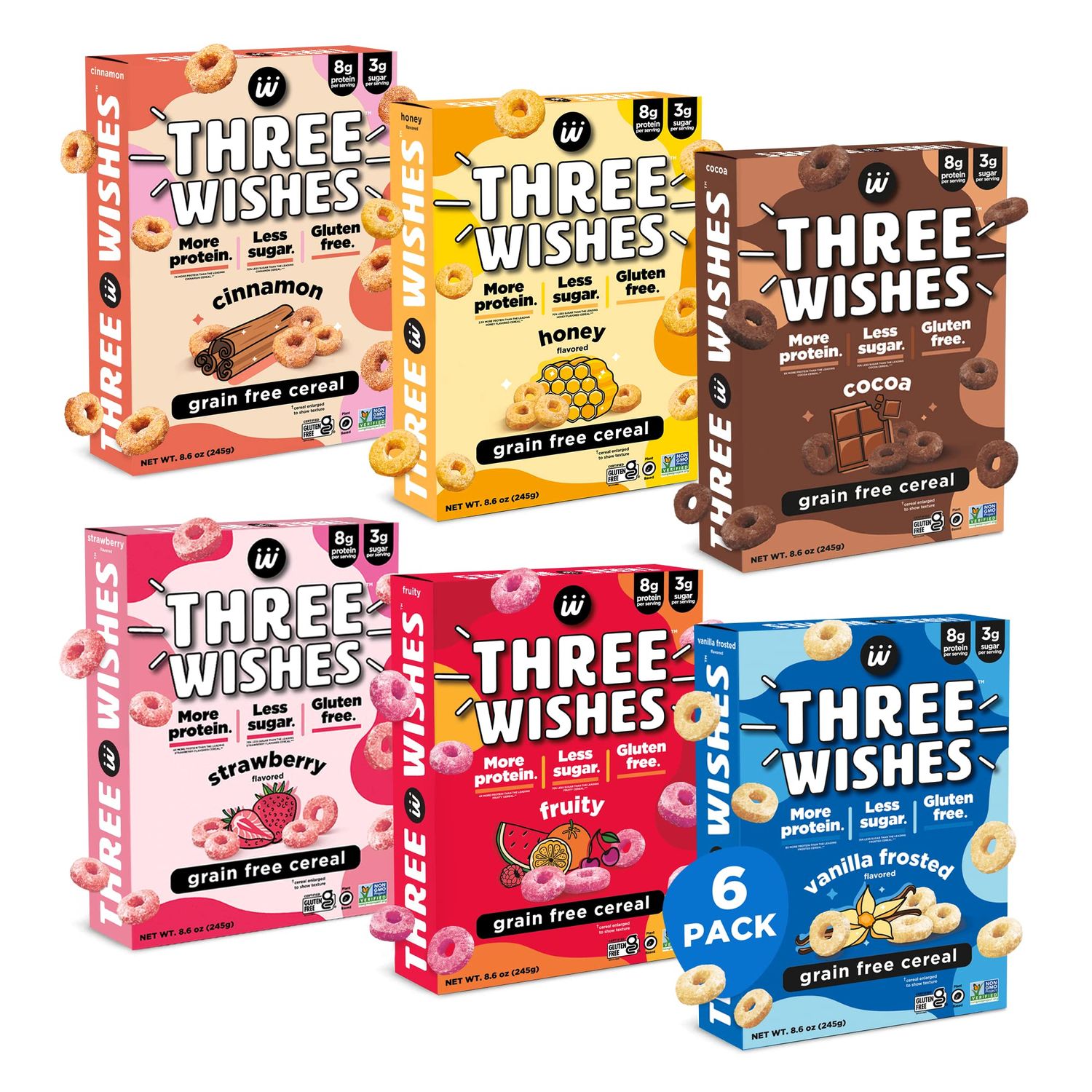 Protein and Gluten-Free Breakfast Cereal by Three Wishes - Variety Pack, 6 Pack - More Protein and Less Sugar Snack - Kosher, Vegan - Frosted, Fruity, Cocoa, Strawberry, Honey &amp; Cinnamon