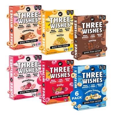 Protein and Gluten-Free Breakfast Cereal by Three Wishes - Variety Pack, 6 Pack - More Protein and Less Sugar Snack - Kosher, Vegan - Frosted, Fruity, Cocoa, Strawberry, Honey &amp; Cinnamon