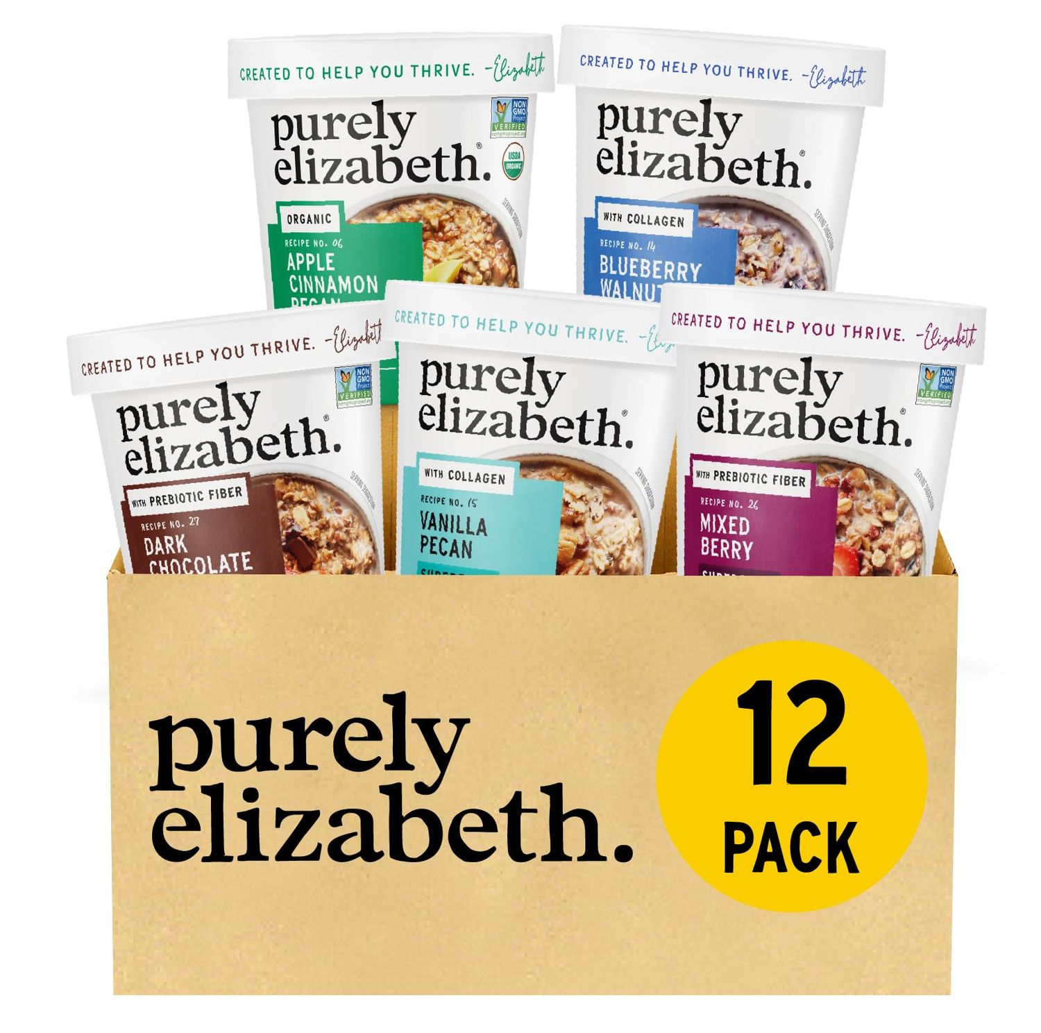 Purely Elizabeth Best Sellers Variety Pack Superfood Oatmeal Cups, Great for Overnight Oats, Gluten-Free, 2 Ounce (Pack of 12)