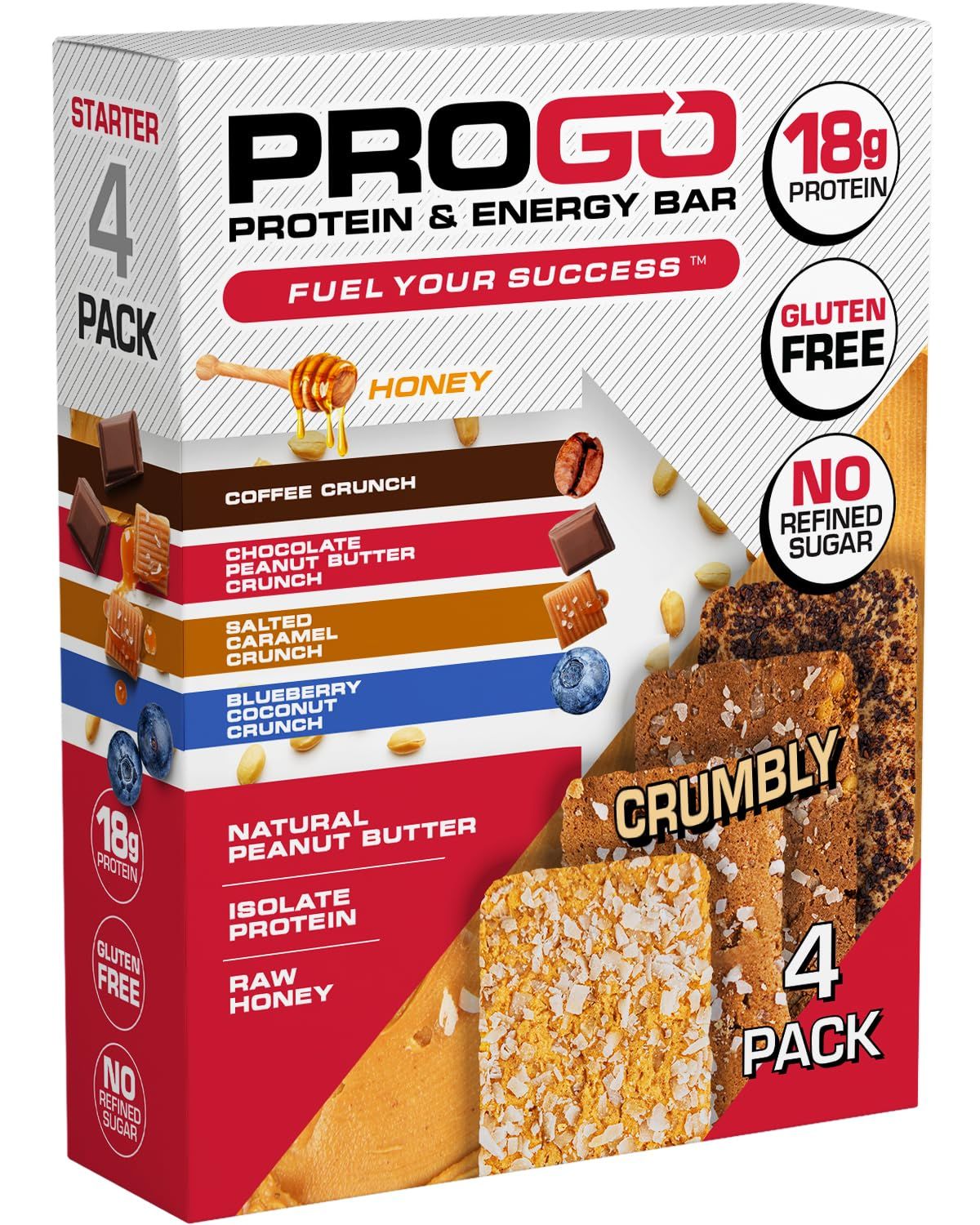 ProGo Protein Bars Starter Pack - High Protein Low Carb Snack, Up to 22g Protein, Low Sugar, Collagen-Powered - Real Peanut Butter Energy Bars - Made in USA (4-Count)
