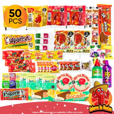 Mexican Candy Variety Pack (50 Count) Dulces Mexicanos, Mexican Candy, Mexican Snacks, with Pica Fresa Lucas Candy, Pelon Pelo Rico, Pulparindo, Mazapan, by Sabores de Mexico