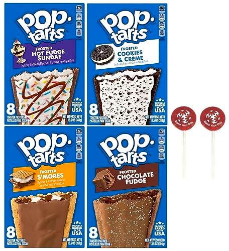 Pop Tart Frosted Toaster Pastries Variety, Hot Fudge Sundae, S'mores, Chocolate Fudge, and Cookies &amp; Creme, 13.5 Ounce (Pack of 4) - with Two Make Your Day Lollipops