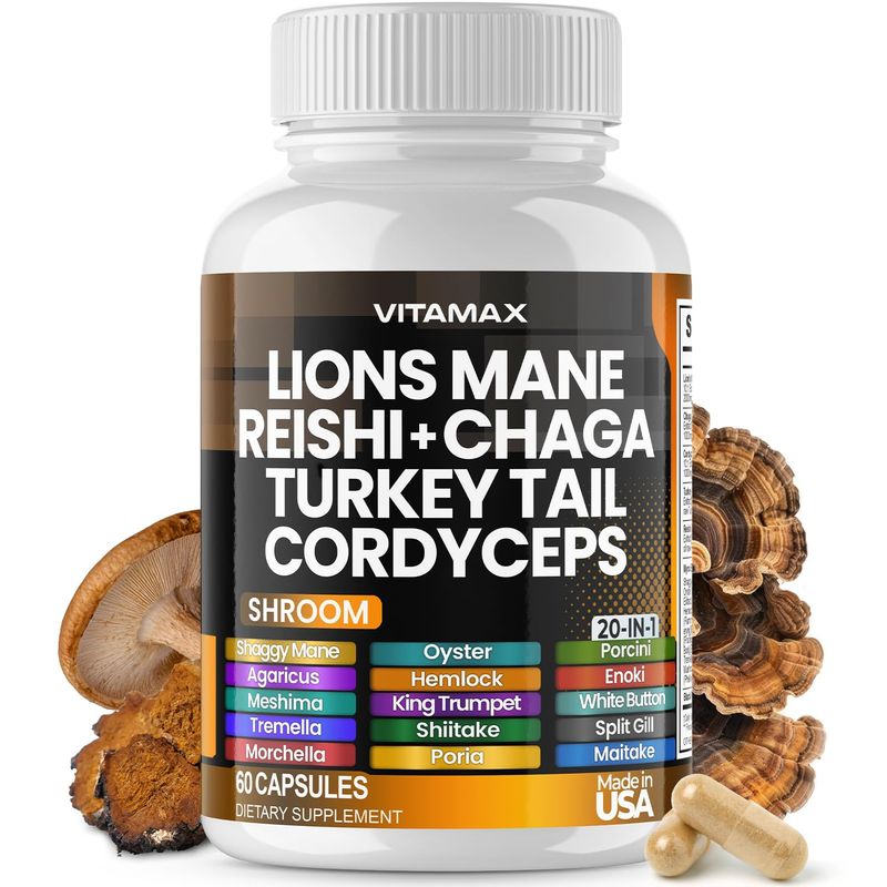 Vitamax Lions Mane Mushroom 3000mg Turkey Tail 2000mg Chaga &amp; Reishi 1000mg Cordyceps Shiitake White Elm King Trumpet Nameko Oyster Focus &amp; Energy - Made in USA 60ct
