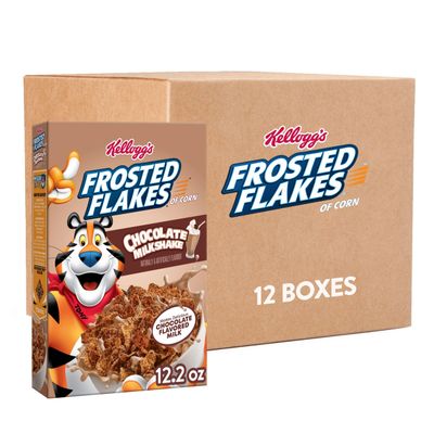 Kellogg&#39;s Frosted Flakes Breakfast Cereal, Kids Cereal, Family Breakfast, Chocolate Milkshake (12 Boxes)