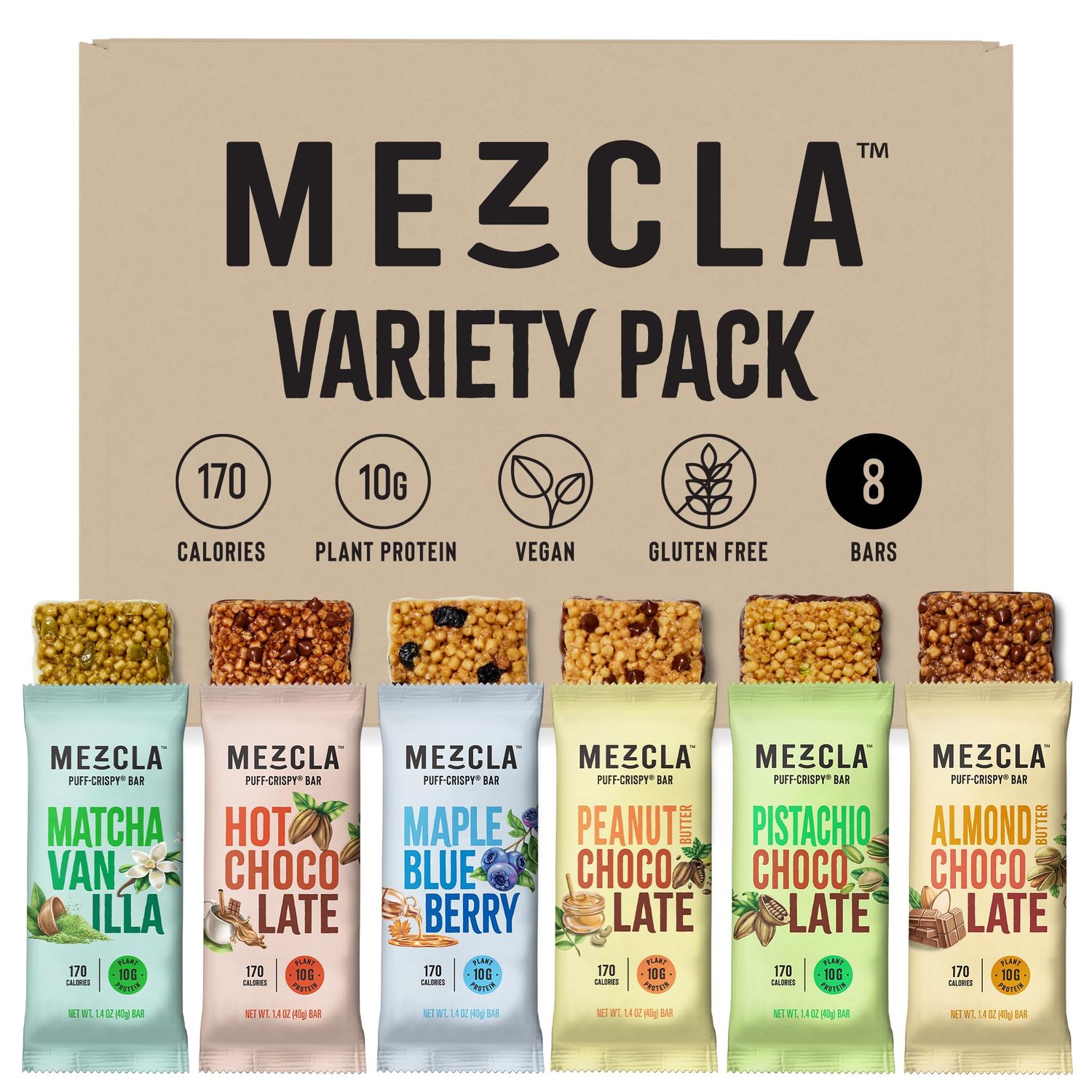 Mezcla Vegan Chocolate High Protein Bars, Gluten Free, Plant Based, Non GMO, No Dairy, 10g Protein, Healthy Snacks, Mixed Flavor Variety Pack (8 Bars)