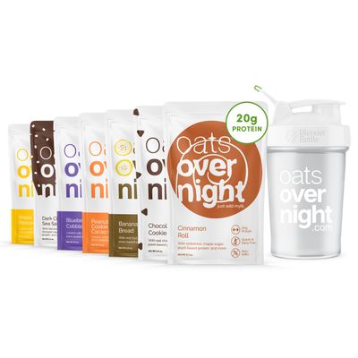 Oats Overnight Vegan Variety Pack - High Protein, High Fiber Breakfast Protein Shake - Gluten Free Oatmeal, Non GMO Protein Oatmeal - Banana Bread, Blueberry Cobbler &amp; More (8 Pack + BlenderBottle)