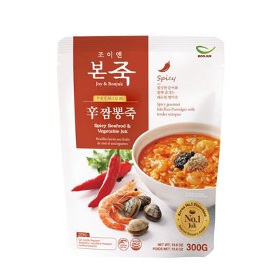 BONJUK Spicy Seafood &amp; Vegetable (Juk) Rice Porridge - Ready to eat meal (300g), Easy to prepare porridge pouch