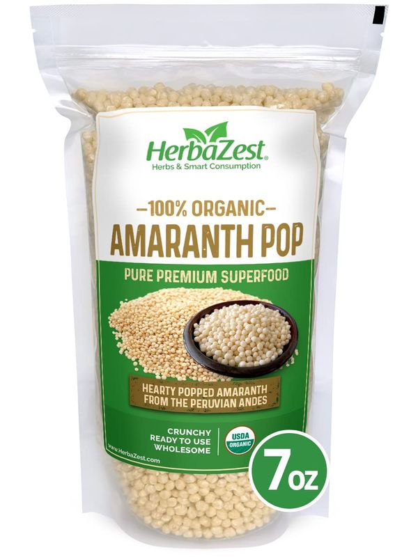 HerbaZest Amaranth Pop Organic - Wholesome &amp; Ready to Use - Vegan, Gluten Free &amp; USDA Certified - 7oz (200g) - Wholesome Addition to Yogurt &amp; Cereal, Granola &amp; Muesli, Baked and Non-Baked Goods